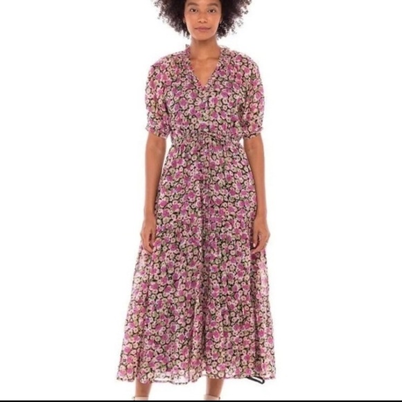 Banjanan Poppy Dress in Flower Carpet Black Tiered with Puff Sleeves